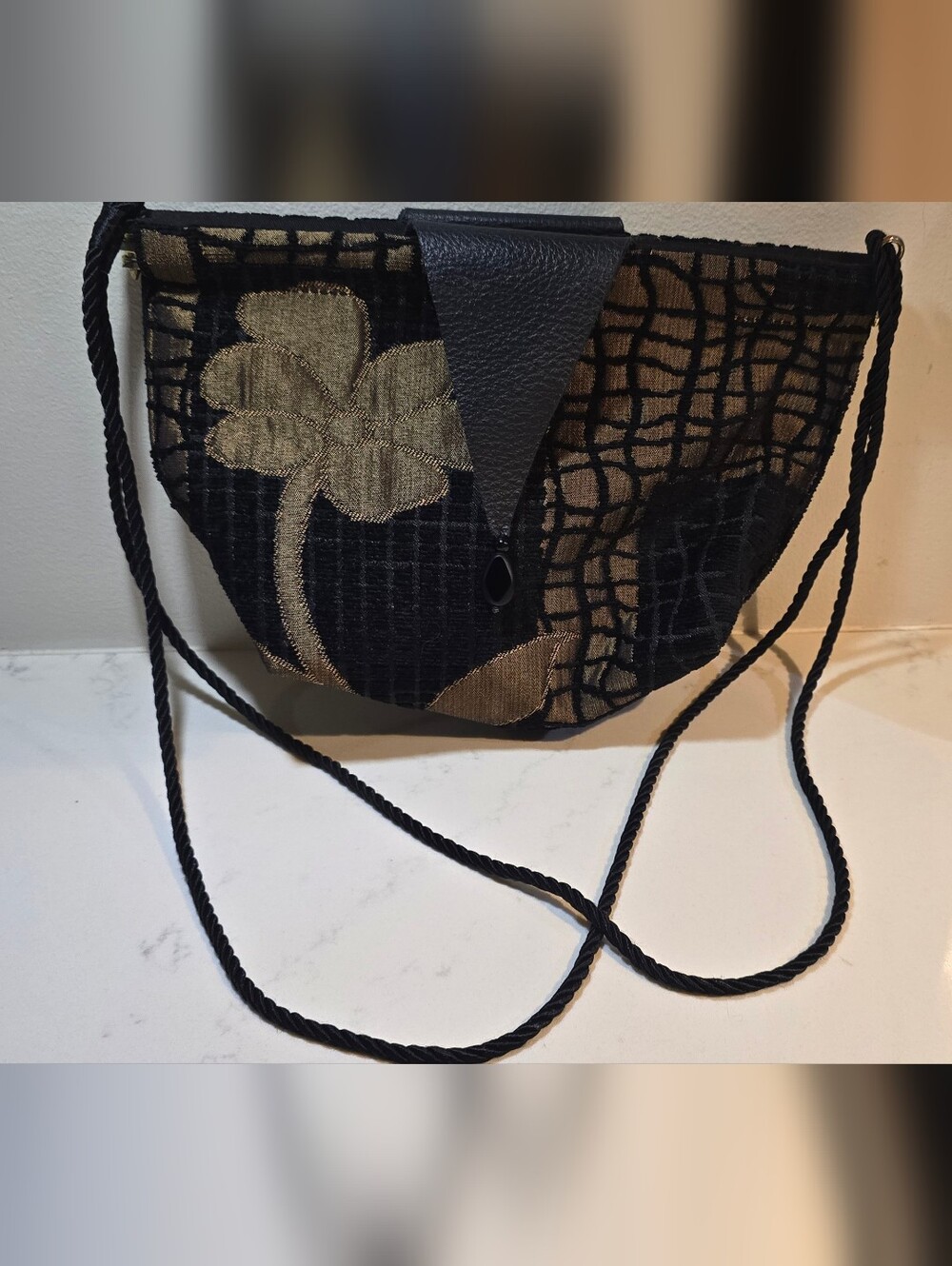 Black‎ & Gold Floral Crossbody Bag with Rope Strap